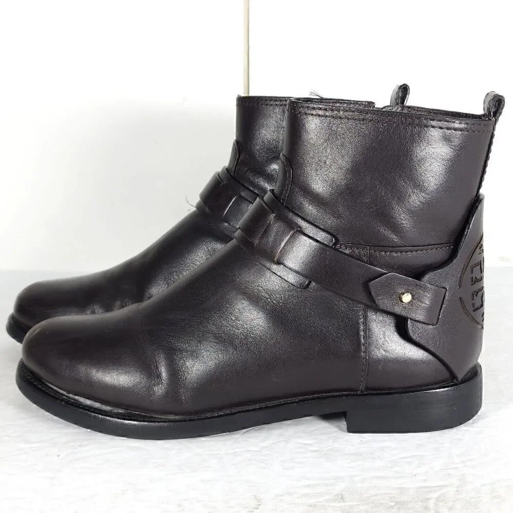 Tory Burch Women's Derby US 6M Brown Leather Flat Ankl Chelsea Bootie Boots